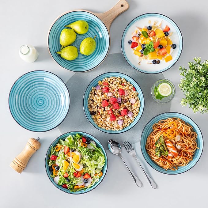 vancasso Bonbon Pasta Bowls Set of 6, 38 Oz Ceramic Salad Bowls, Wide and Shallow Bowls Set, Large Serving Bowls for Kitchen, Blue