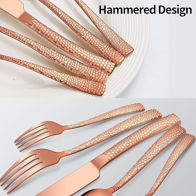 40-Piece Silverware Set, Rose Gold Hammered Stainless Steel Flatware Sets for 8, Food-Grade Tableware Set, Including Fork Knife Spoon Set, Home Kitchen Cutlery Sets, Dishwasher Safe