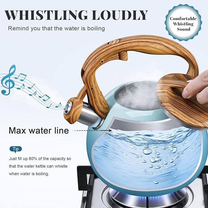 GGC Tea Kettle for Stove Top, 3.1QT/3L Whistling Tea Kettles for Boiling Water Coffee or Milk, Gradient Gray Tea Pot with Wood Parttern Handle, Stainless Steel Tea Pot for Home and Kitchen