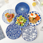 Ceramic Salad Plates Set - 8.5 Inch Small Round Dessert Dishes for Kitchen Dinner Pasta Appetizer Sandwich - Scratch Resistant Porcelain Microwave Oven Dishwasher Safe - Set of 6 - Vintage Blue
