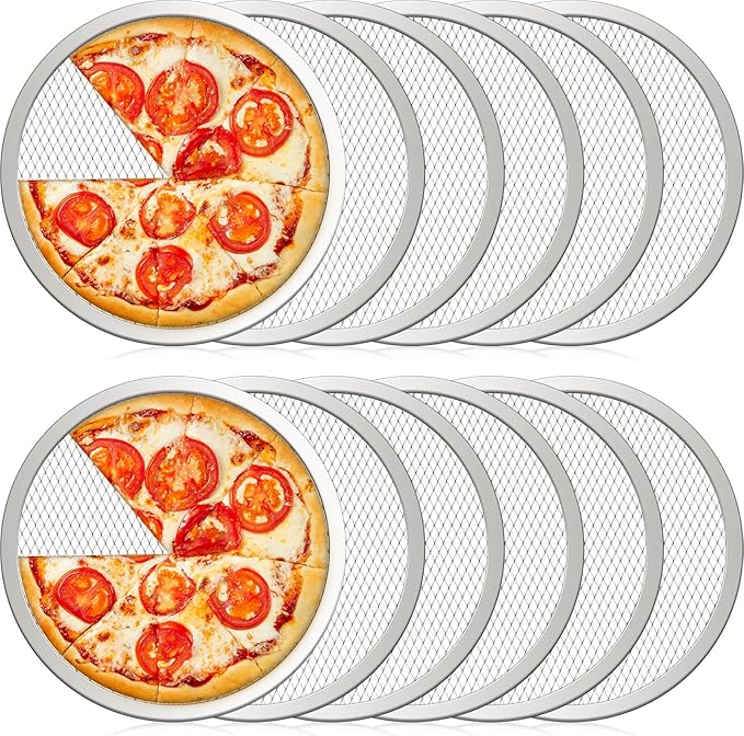 Dandat 12 Pieces 8 Inch Pizza Screen Round Aluminum Mesh Pans with Holes Bulk Seamless Pizza Trays for Oven Nonstick Baking Sheet Mesh Baking Screen for Party Kitchen Restaurant Cooking Supplies