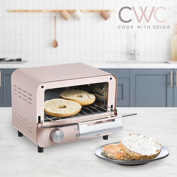 COOK WITH COLOR Mini Toaster Oven: 600W Power, Precision Timer, Auto Shutoff, and Culinary Delights Up To 450 Degrees, Pink
