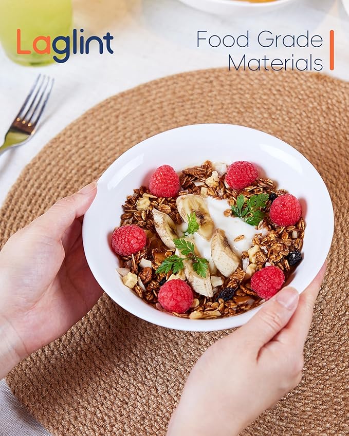 14 OZ (16 OZ MAX) White Opal Glass Cereal Bowl Set of 4, 6.5 inch Dishwasher & Microwave Safe Round Bowls for Soup, Salad and Rice