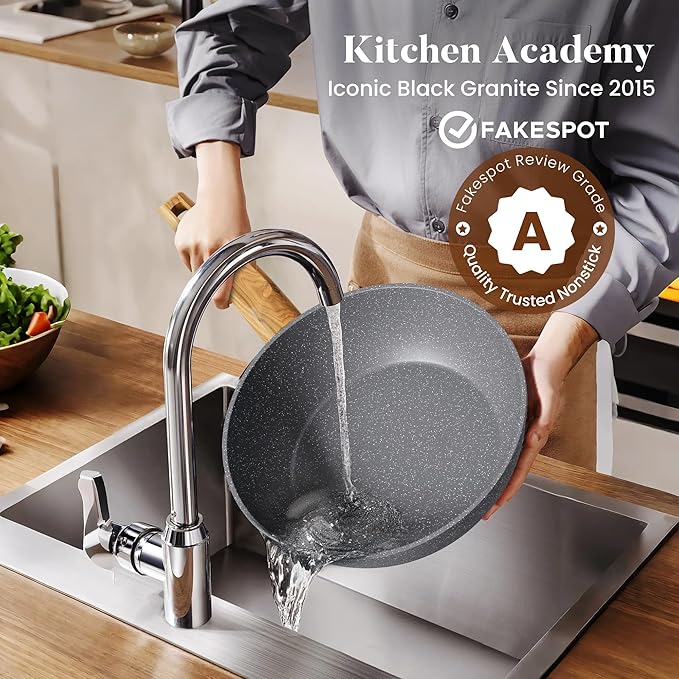 Kitchen Academy Granite Nonstick Cookware Set - 17 Piece Gray Cooking Pans Set, Induction Pots and Pans Set Non Stick, PFOA & PFOS Free.