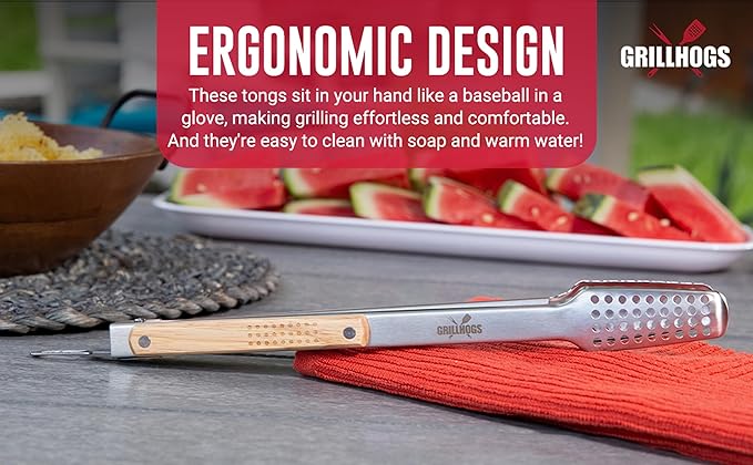 9" Tongs 18/0 Stainless Steel BBQ Grill Tongs with Ergonomic Real Oak Wood Handle for Cooking - Durable Grilling Accessory, Tongs for Cooking & Kitchen, Outdoor Barbecue, Easy to Clean
