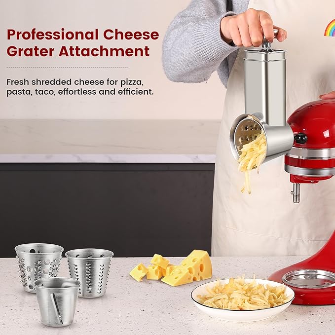 Stainless Steel Slicer Shredder Attachment for KitchenAid Mixers, Dishwasher Safe Cheese Grater Attachment, Food Slicer & Vegetable Chopper Accessory-4 Blades