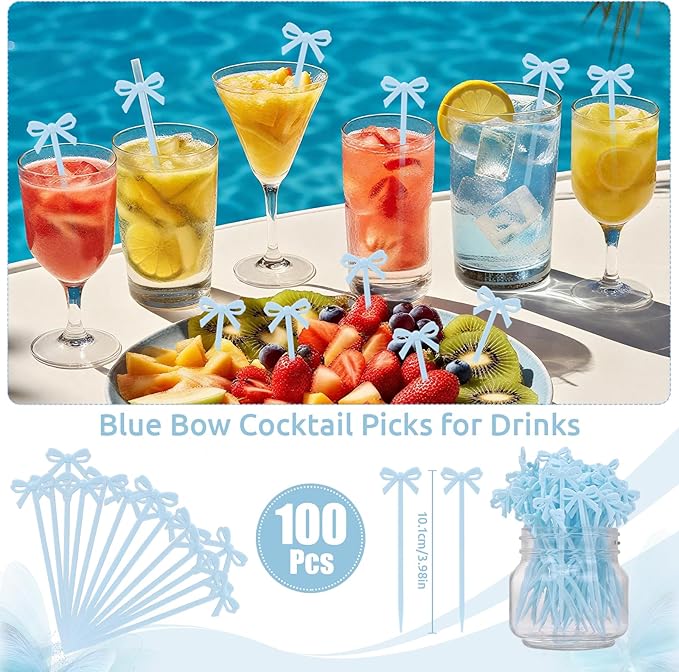 100Pcs Bow Cocktail Picks Party Toothpicks Blue Plastic Fruit Skewers Christmas Bow Drink Stirrers Cupcake Toppers Fancy Toothpick for Appetizers Drinks Wedding Coquette Birthday Bow Party Decor