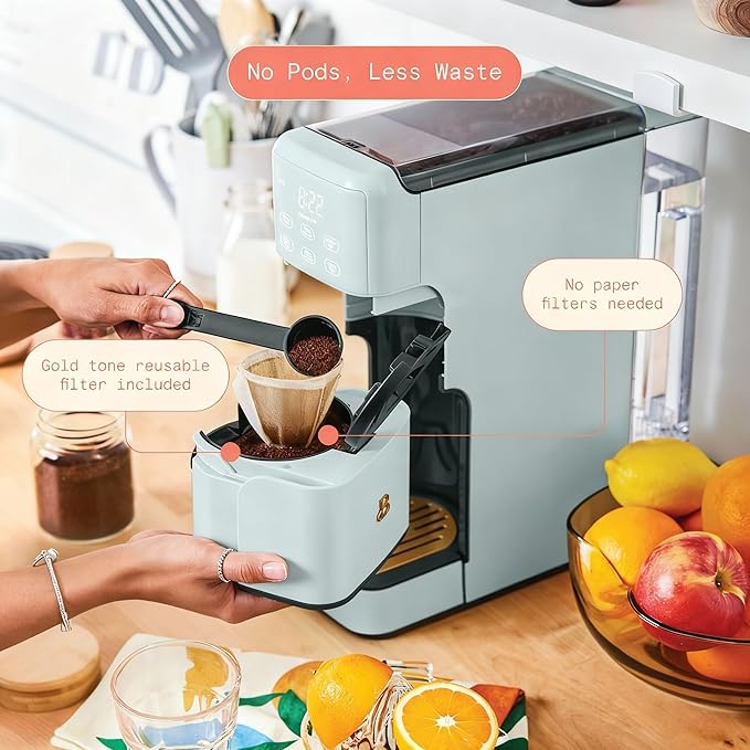 Beautiful Perfect Grind Programmable Single Serve Coffee Maker with Touch Display and Integrated Burr Grinder, Auto Coffee Strength Selection, 64oz Water Reservoir (Hydrangea)