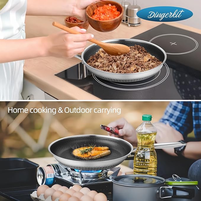 Nonstick Frying Pans, 12 inch Stainless Steel Frying Pan Non Stick with Honeycomb for Kitchen and Camping - Dishwasher and Oven Safe Skillet, Induction Gas Ceramic Cookware.