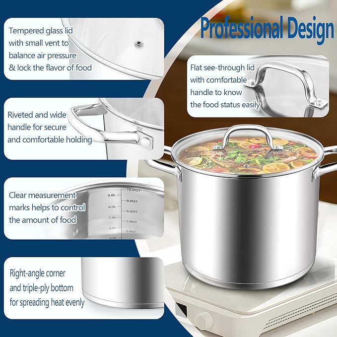 E-far 10 Quart Pot, Stainless Steel Stock Cooking Pot with Glass Lid for Soup Canning Stewing Simmering, Heavy Duty Large Cookware with Triply Base for Induction Gas Ceramic Stoves, Dishwasher Safe