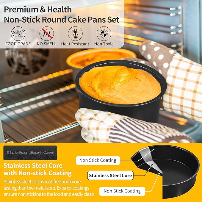 P&P CHEF Non-stick Cake Pan Set of 4, 4 Inch Round Baking Cake Pans Tins for Tier Smash Cakes, Non-Toxic & Solid, Stainless Steel Core & Leak-Proof, 4Pcs