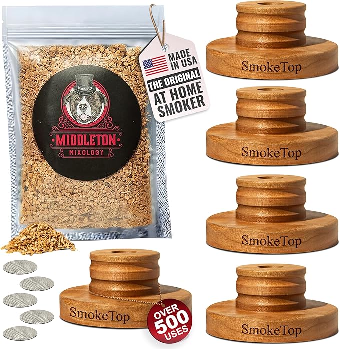SmokeTop Cocktail Smoker Kit 5 Pack - Old Fashioned Chimney Drink Smoker for Cocktails, Whiskey, & Bourbon With Sample Wood Chips - by Middleton Mixology