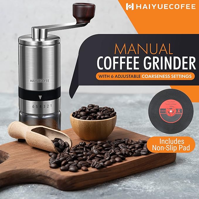 Manual Coffee Grinder with 6 Adjustable Coarseness Settings, Hand Crank Coffee Mill with Ceramic Burr for Espresso Beans, French Press, Pour Over, Drip Coffee – Rustproof, Non-Dulling