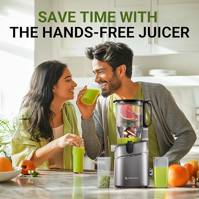 AMZCHEF Juicer Machines, 5.8" Extra Self-Feeding Cold Press Juicer for Whole Vegetable & Fruit, Juice Extractor Machine with Large Auger & Triple Strainers, Easy to Clean, High Juice Yield, Grey
