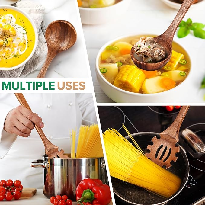 Wooden Spoons for Cooking,2 Pcs Wooden Utensil Set of Soup Ladle &Spaghetti Pasta Spoon with Teeth, Teak Wood Soup Ladle&Slotted Pasta Fork Strainer Spoon Set for Serving Collecting Noodle Gravy Sauce