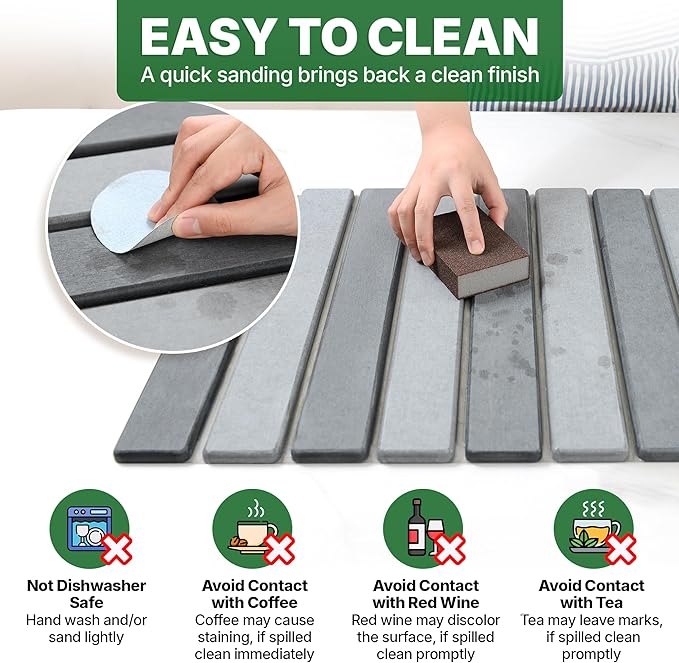 MHM Stone Dish Drying Mat – Volcanic Diatomaceous Earth from Changbai Mountains – Fast-Absorbing, Heat Resistant, Bamboo Rack Included – Eco-Friendly, Minimal Kitchen Drying Mat