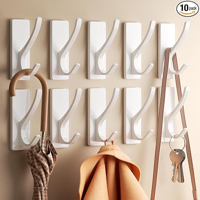 Self Adhesive Coat Hooks for Hanging, Heavy Duty Stainless Double Wall Hook for Towel, Backpack, Hat, Sturdy Metal Hanger for Bathroom, Bedroom, Door, Wall Mounted, 10 Pack, White