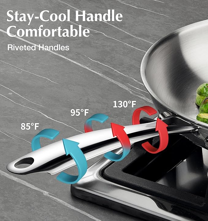 KOCH SYSTEME CS Stainless Steel Pan Set of 3, 8"&10"&12" Tri-Ply Stainless Steel Frying Pan Set with Stay-Cool Handle, Non-Toxic Staninless Steel Skillet, Fast & Even Heat Induction Compatible