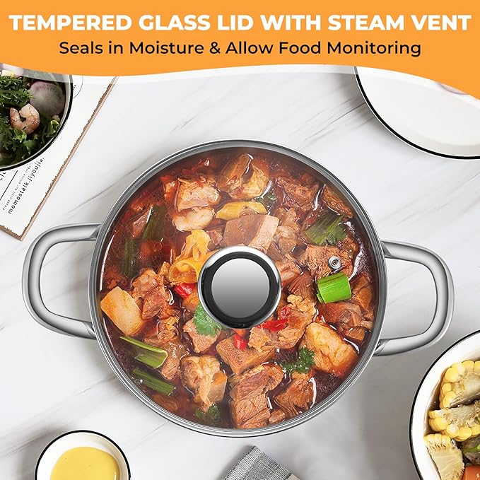 Tri-Ply Stainless Steel Stock Pot, 6.5 Quart Heavy Duty Induction Cooking Pot with Visible Lid for Pasta, Soup, Spaghetti, Sturdy & Double Handle, Dishwasher Safe