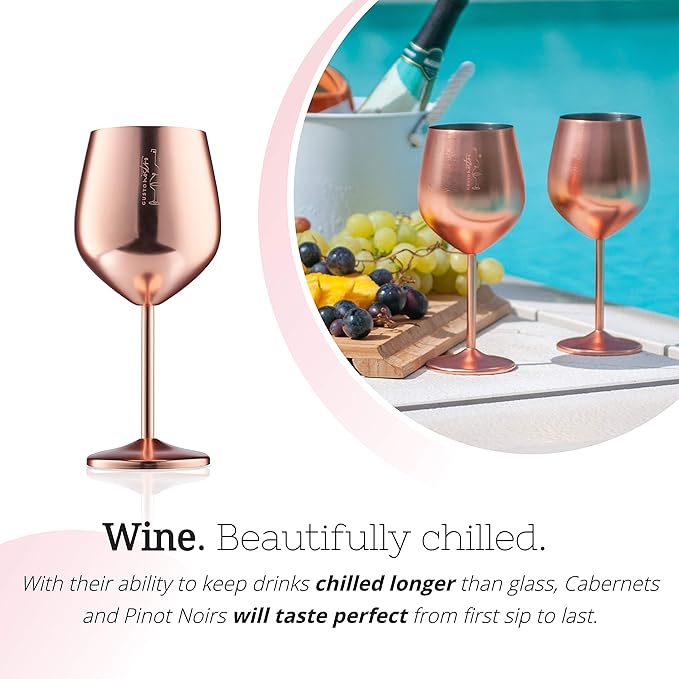 Gusto Nostro Stainless Steel Wine Glass - 18 oz - Unbreakable Rose Gold Wine Glasses for Travel, Camping and Pool - Fancy, Unique and Cool Portable Metal Wine Glass for Outdoor, Picnics (Set of 4)