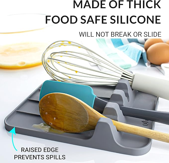 Silicone Utensil Rest and Spoon Holder, Heat Resistant Kitchen Spoon Rest for Multiple Utensils, Dishwasher Safe Drip Pad for Spatulas, Tongs, Ladles, and Spoons (Cool Gray)