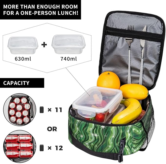 Abstract Wave Lunch Box,Insulated Lunchbox,Star and Green Stripe Design Bags,Reusable Cooler Lunchbag for Picnic,Travel,Office,Camping,Ideal Gifts for Women,Men,Adults