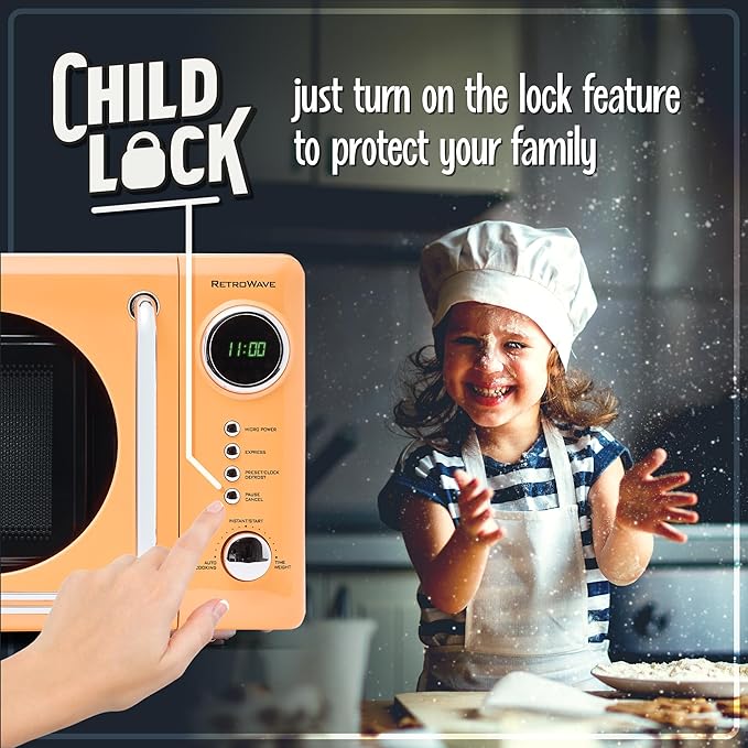Nostalgia Retro Compact Countertop Microwave Oven 0.7 Cu. Ft. -700-Watts with LED Digital Display-Child Lock-Easy Clean Interior-Orange