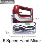 Hamilton Beach Professional 5-Speed Electric Hand Mixer with High-Performance DC Motor, Slow Start, Snap-On Storage Case, Stainless Steel Beaters, Dough Hooks & Whisk, Red and Chrome (62653)
