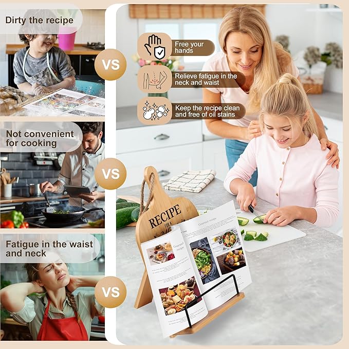 Mom Gifts Kitchen Gifts for Women Retirement Gifts Cookbook Stand Bamboo Recipe Book Holder Adjustable Non-Slip Cook Book Stand for Kitchen Counter