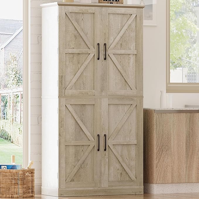 IRONCK Kitchen Pantry Storage Cabinet 72.8" H, 4 Barn Doors with Storage Rack, 4 Adjustable Shelves, Freestanding Cupboard for Dining Room Living Room, Laundry, Rustic Maple