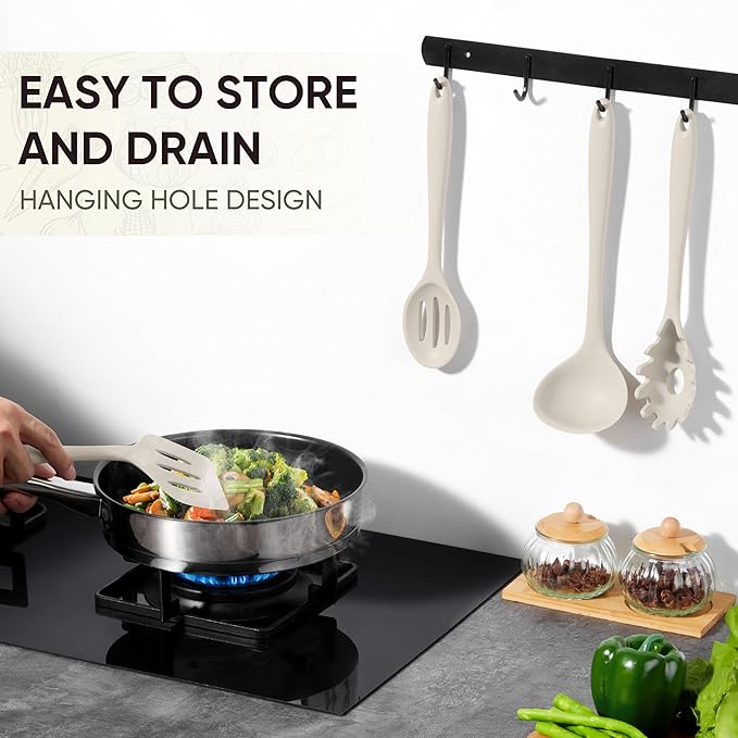Herogo Silicone Cooking Utensils Set, 7-Piece Kitchen Utensils Set, Heat Resistant Cooking Gadget Tools Slotted Turner, Spoon, Soup Ladle, Pasta Server, Spatula, Tongs for Nonstick Cookware, Khaki