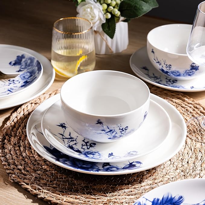 LERATIO Ceramic Dinnerware Sets,Blue and White Plates and Bowls Set,Highly Chip and Crack Resistant | Dishwasher & Oven & Microwave Safe | Round Dishes Set Service for 4 (12pc)- Peony