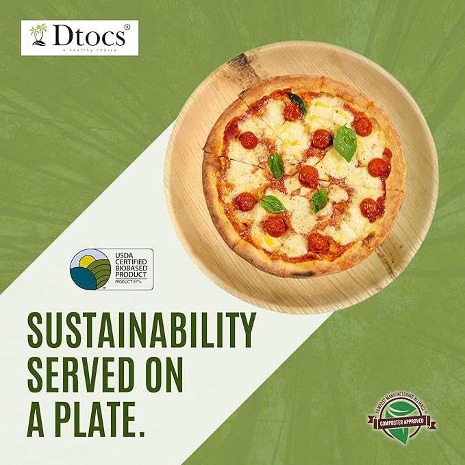 Dtocs Palm Leaf Plates 10 Inch Round (50) | Bamboo Plates Disposable Like Compostable Dinnerware Set for Party, Dinner, Serving Platters, Charcuterie Boards | Alternate to Plastic, Wood, Paper Plate