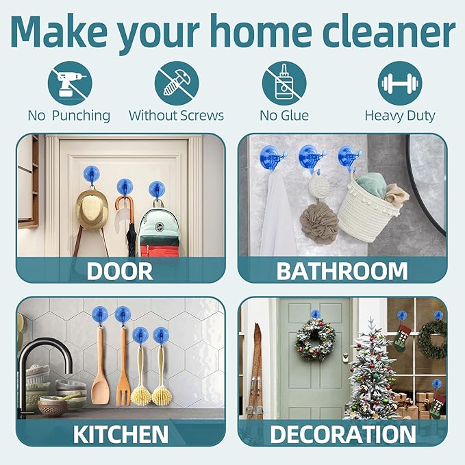 Antimbee Suction Hooks, 10 Pack Reusable Hangers, Removable Small Suction Cups for Shower, Bathroom, Glass, Door, Windows, Kitchen - Up to 11 lbs on Smooth Surface (Transparent Blue)