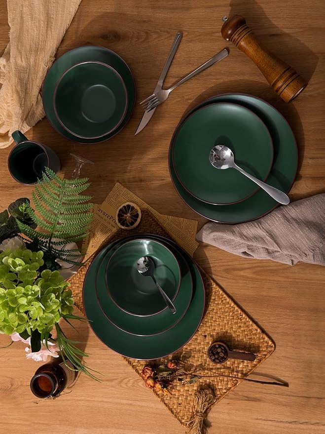 Famiware Venus Plates and Bowls Sets, 18 Pieces Stoneware Dinnerware Sets, Speckled Dishes Set for 6, Microwave and Dishwasher Safe, Matte Dark Green