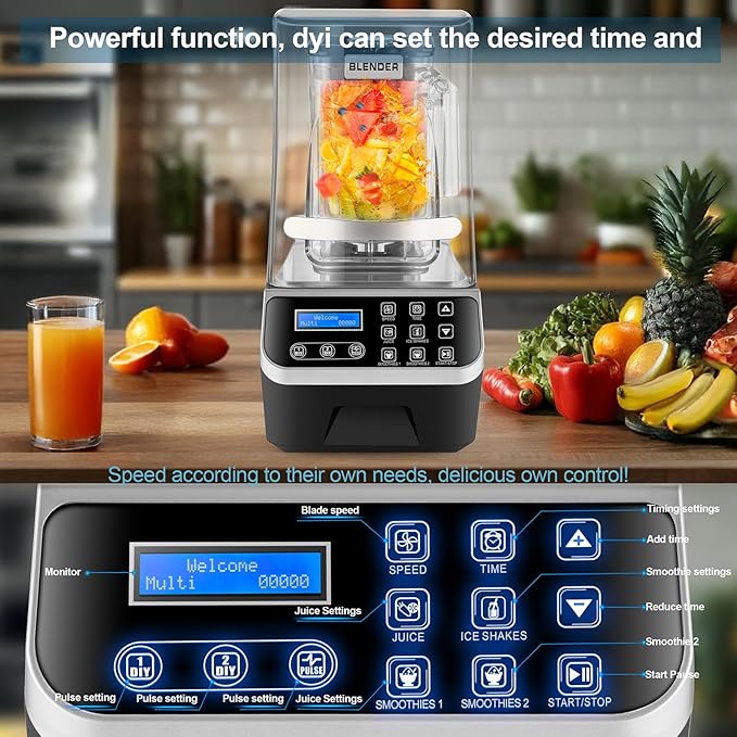 Commercial Blender 2200W 2.1QT 68OZ Quiet Blender Brushless Motors Commercial Smoothies, Frozen Drinks,Self-Cleaning，Electric Countertop Blenders Heavy-Duty,Silver Grey