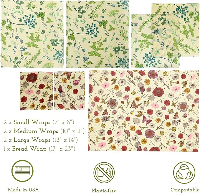 Bee's Wrap Vegan Beeswax Wraps for Food - Assorted 7 Pack (2S, 2M, 2L, & 1 Bread) Made in USA Reusable & Organic Food Wraps & Bowl Covers - Eco-Friendly Alternative to Aluminum Foil & Plastic Wrap