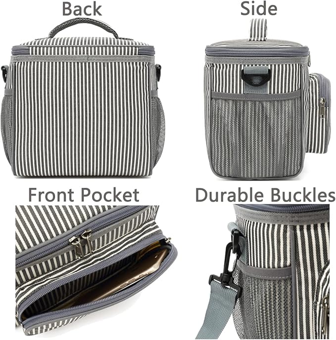 FlowFly Insulated Reusable Lunch Bag Adult Large Lunch Box for Women and Men with Adjustable Shoulder Strap,Front Zipper Pocket and Dual Large Mesh Side Pockets,Stripes