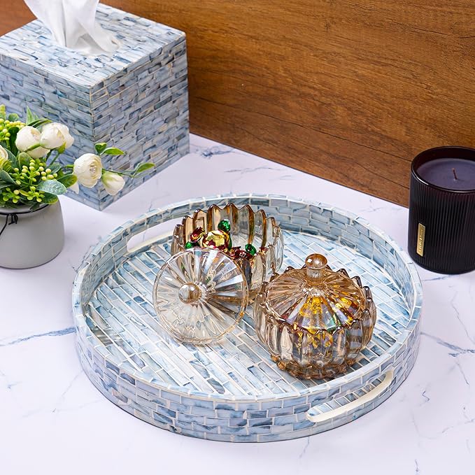 CLAYNIX Serving Tray 12.5 Inch, Wooden Lacquer Tray with Mother of Pearl Inlay, Elegant Tea & Breakfast Tray with Handles (Round)