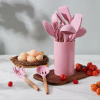 Silicone Kitchen Utensils Set, LIANYU 15-Piece Heat Resistant Cooking Utensils with Holder, Cooking Kitchen Gadgets Tools for Nonstick Cookware, Wooden Handle, Pink