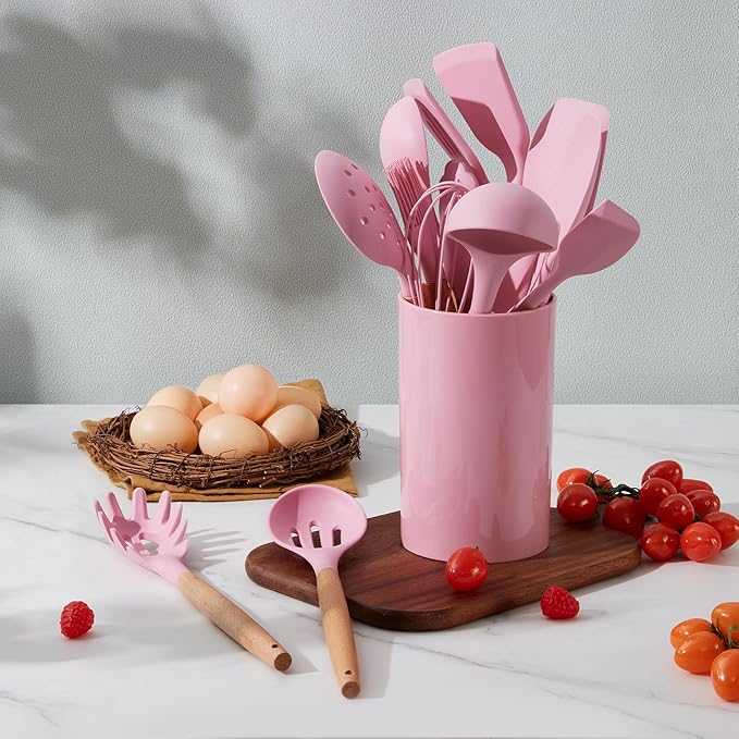 Silicone Kitchen Utensils Set, LIANYU 15-Piece Heat Resistant Cooking Utensils with Holder, Cooking Kitchen Gadgets Tools for Nonstick Cookware, Wooden Handle, Pink