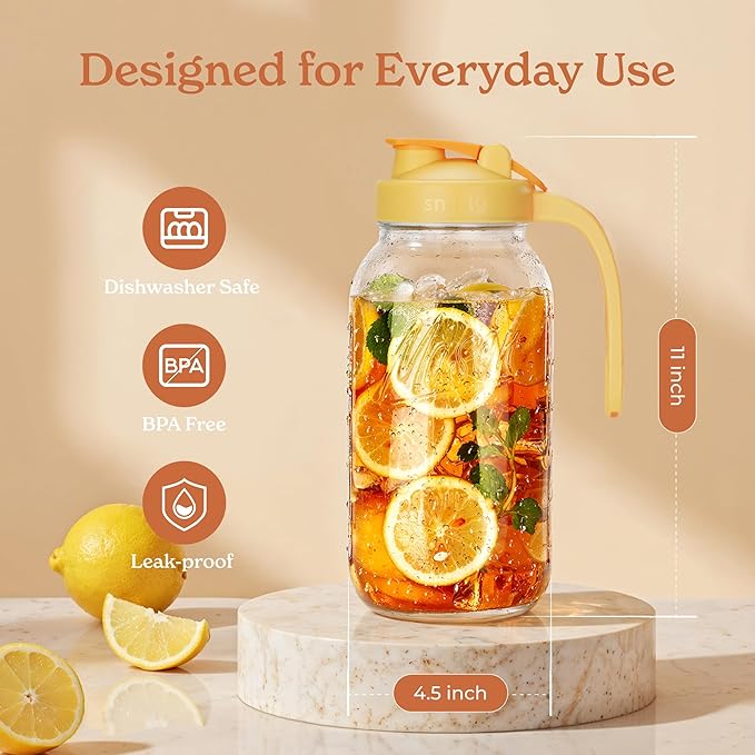 SMIRLY 64 oz Mason Jar Pitcher,Glass Pitcher with Wide Mouth,Water Jug with Double Leak Proof Lid for Iced Coffee,Hot Water,Breast Milk