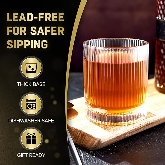 Crystal Old Fashioned Whiskey Glasses Set of 6, 12 Oz Ribbed Bourbon Glass, Ultra-Clarity Double Base Liquor Vodka rocks Cocktail Scotch Tumbler Bar Glasses Set