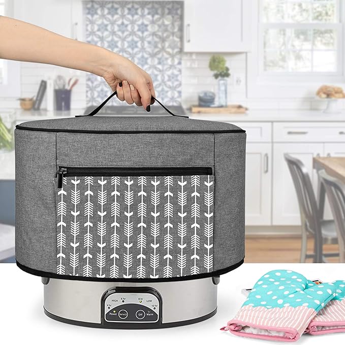 YARWO Slow Cooker Dust Cover Compatible for Crock Pot and Hamilton Beach 6-8 qt Slow Cooker, Dust Free Cover with Zipper Pocket and Wipe Clean Liner, Gray with Arrow