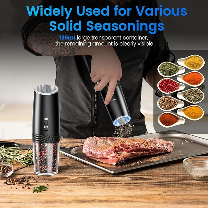 Rechargeable Gravity Electric Salt and Pepper Grinder Set with LED Light, Type-C Fast Charging, Adjustable Coarseness, Large Capacity Grinder for Kitchen, Restaurant & Outdoor, (2 Pack)