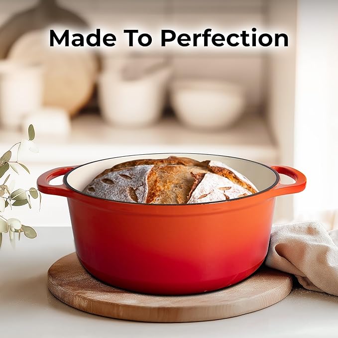 Zulay Kitchen 5 Quart Enameled Cast Iron Dutch Oven with Lid,Silicone Trivet & Heat Pad – Premium Durability & Oven Safe up to 500°F– Heavy Duty Cookware Perfect for Bread Baking, Stews, Braising & Roasting – Orange