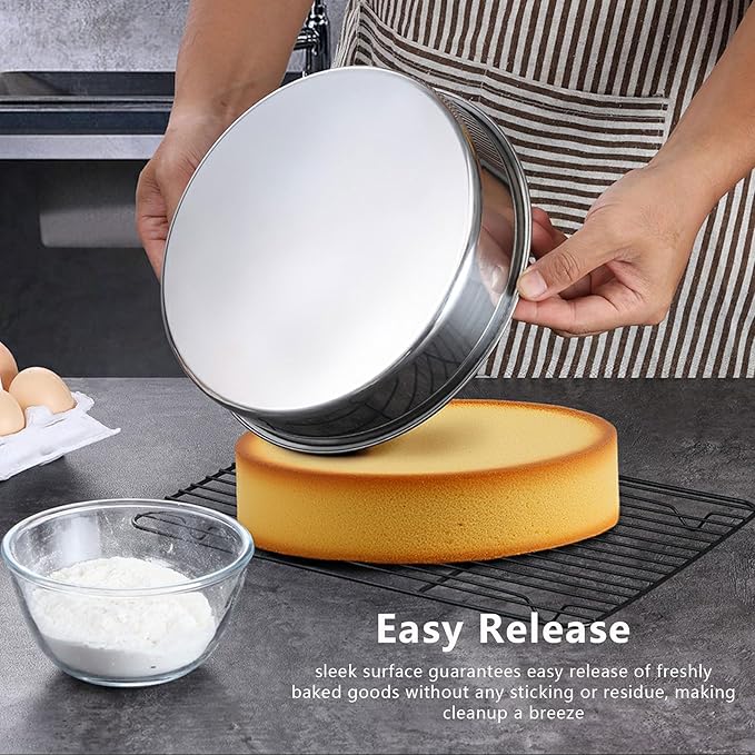 LIANYU 9 Inch Round Cake Pan Set of 2, Stainless Steel Wedding Oven Cake Pan Set for Baking, Metal Round Baking Tin Pan Mold, Deep Bakeware for Layer Birthday Cake, Mirror Polished, Dishwasher Safe