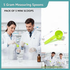 5g Plastic Measuring Spoons (10ml) – Pack of 5 mini Scoops for Protein Poweder, Creatine, Coffee, Lab, Baking, Laundry, Canisters, Dry Goods – 1 Teaspoon Measuring Spoons (tsp), Green