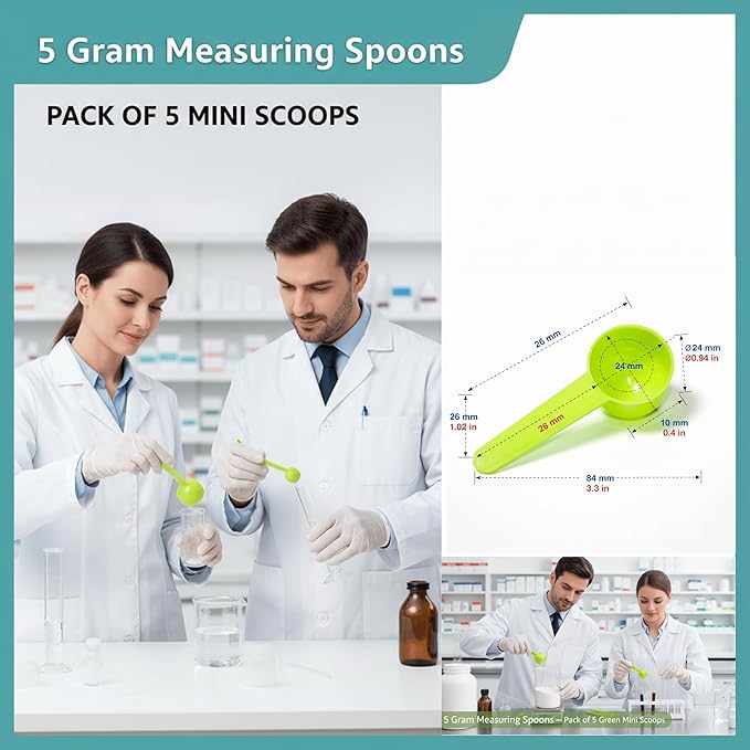 5g Plastic Measuring Spoons (10ml) – Pack of 5 mini Scoops for Protein Poweder, Creatine, Coffee, Lab, Baking, Laundry, Canisters, Dry Goods – 1 Teaspoon Measuring Spoons (tsp), Green