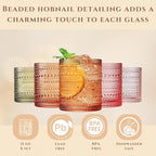 Hobnail Beaded Highball Drinking Tumbler Glasses | Set of 10 | Color, Vintage Bubble Design Whiskey Glassware, Old-Fashioned, Embossed Design, Water, Wine, Cocktail Embossed Heavy Glass, Rocks Glass